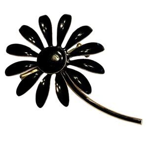 Vintage Mid Century flower power brooch mod gold tone & black enamel daisy